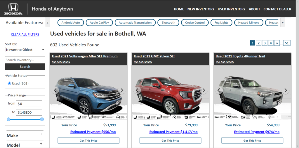 Search results page of a car dealerships inventory from the vehicle inventory plugin