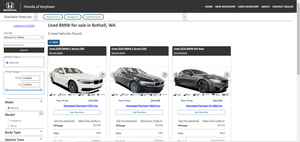 search results page show three vehicles after a search/filter of bmw's